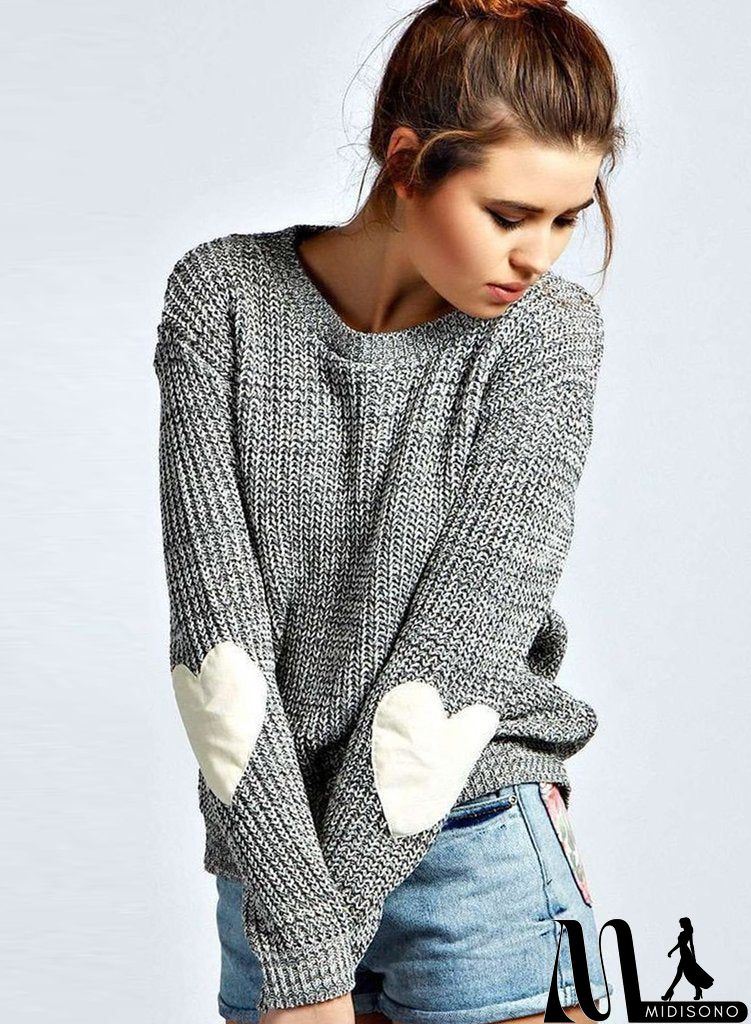 MidiSono - Heathered Heart Patch Pullover Knit Sweater