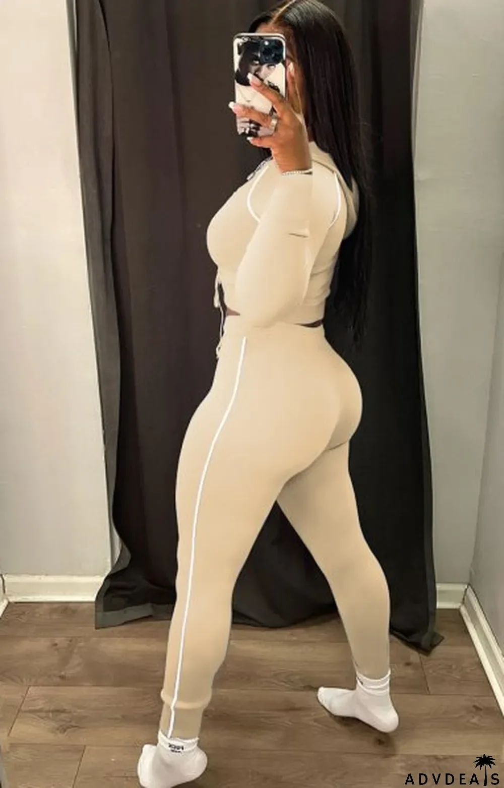 Fall Casual Kahaki Line Lace Up Long Sleeve Crop Top And Pant Tracksuit Set