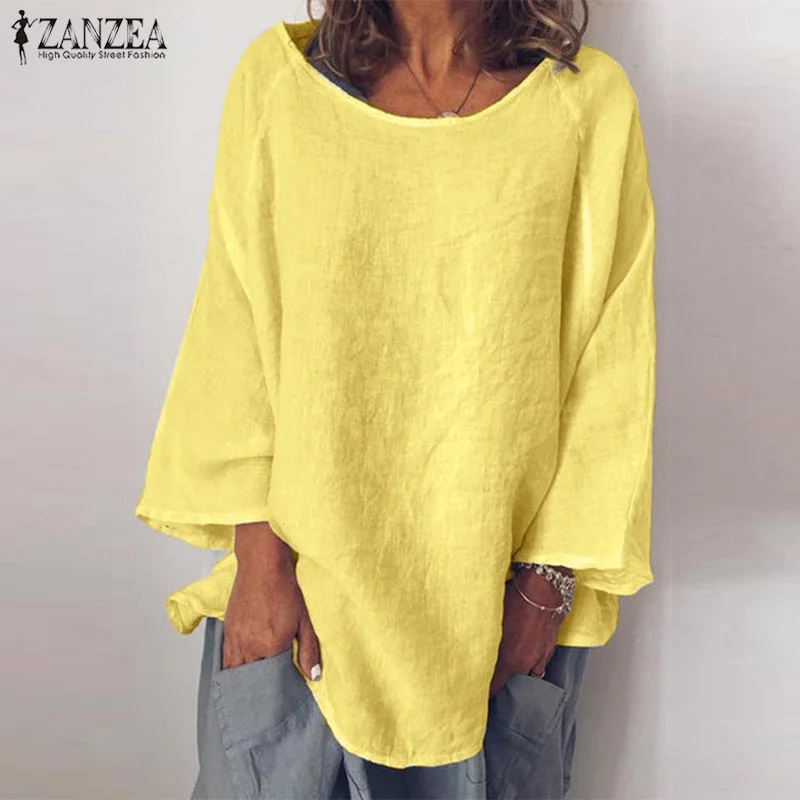 ZANZEA Fashion Women Long Sleeve Solid Cotton Linen Shirt Autumn Blouse Femininas Basic Tops Robe Blusas Loose Chemise Tunic