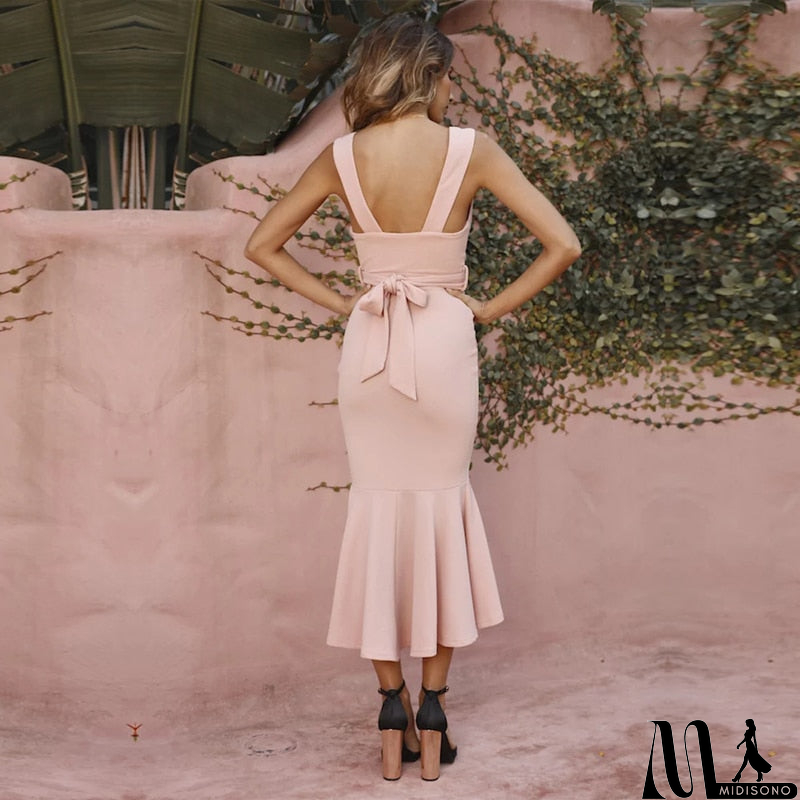 MidiSono - New Fashion V Neck Spaghetti Strap Elegant Women Party Midi Dress