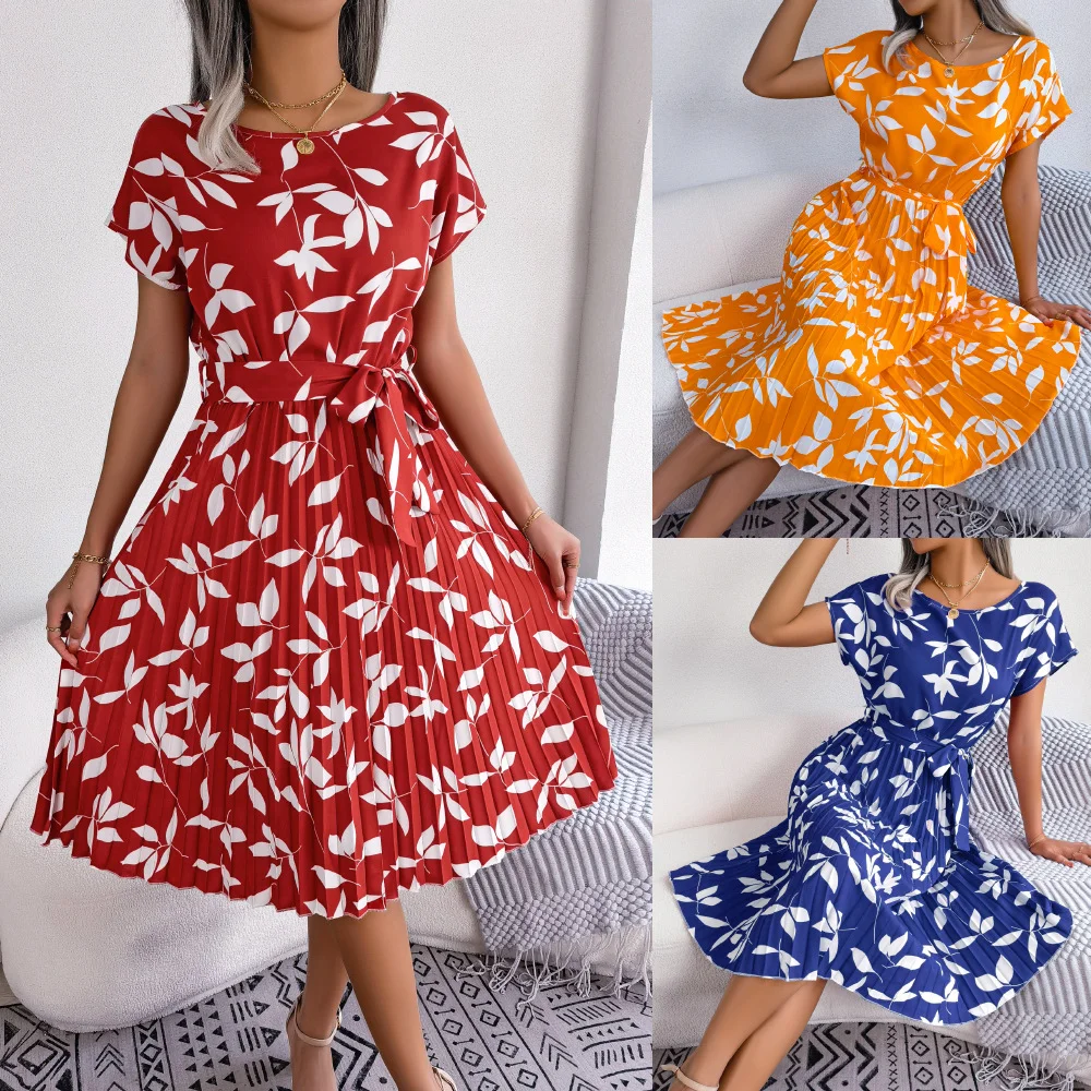 Casual Leaf Short-sleeved Pleated Dress With Big Swing | IFYHOME