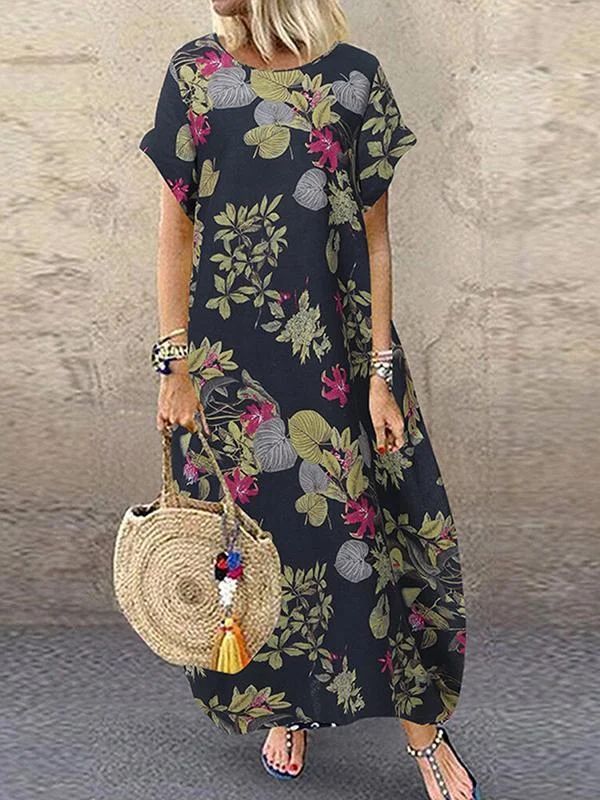 Vintage Floral Print Short-Sleeve Dress-Mayoulove