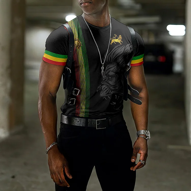 BrosWear Fashion Black Reggae Lion Print Short Sleeve T-Shirt