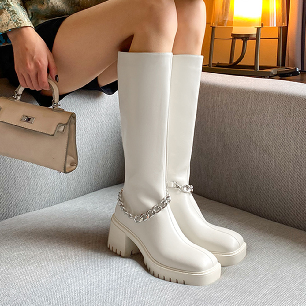 70mm Square Toe Block Heel Chain Rider Boots-vocosishoes