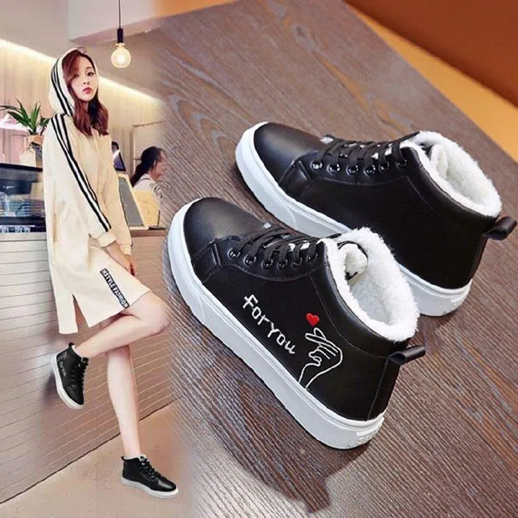 2021 New Winter Women Ankle Boots Warm Plush Woman Vulcanized Shoes PU Walking Sneakers Casual Flats Lace Up Ladies Snow Shoes