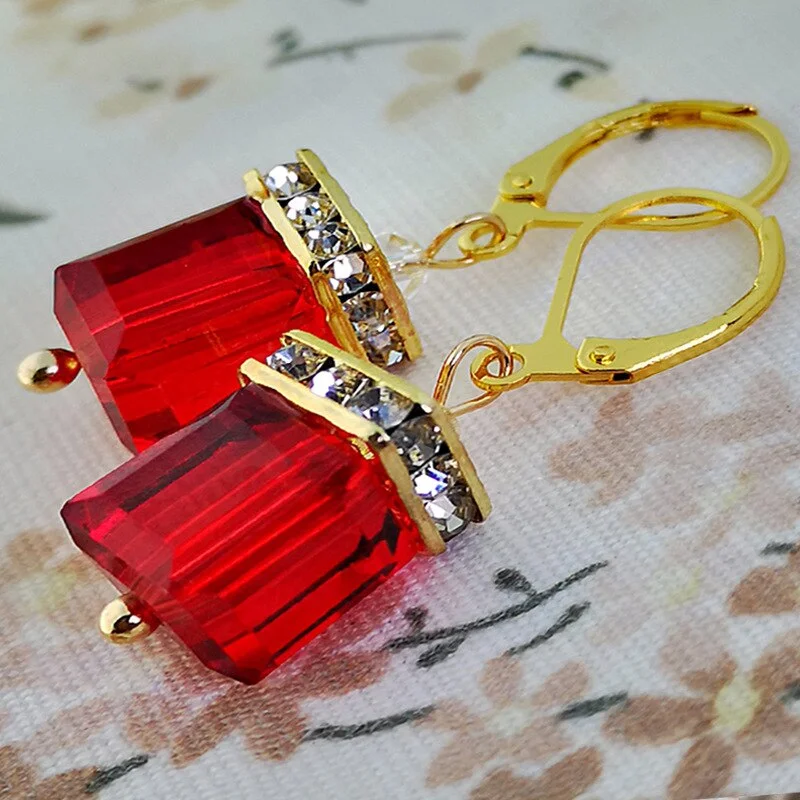 Classic Earrings Fashion Gold Color Cubic Zirconia Color Green Square Crystal Earrings Women