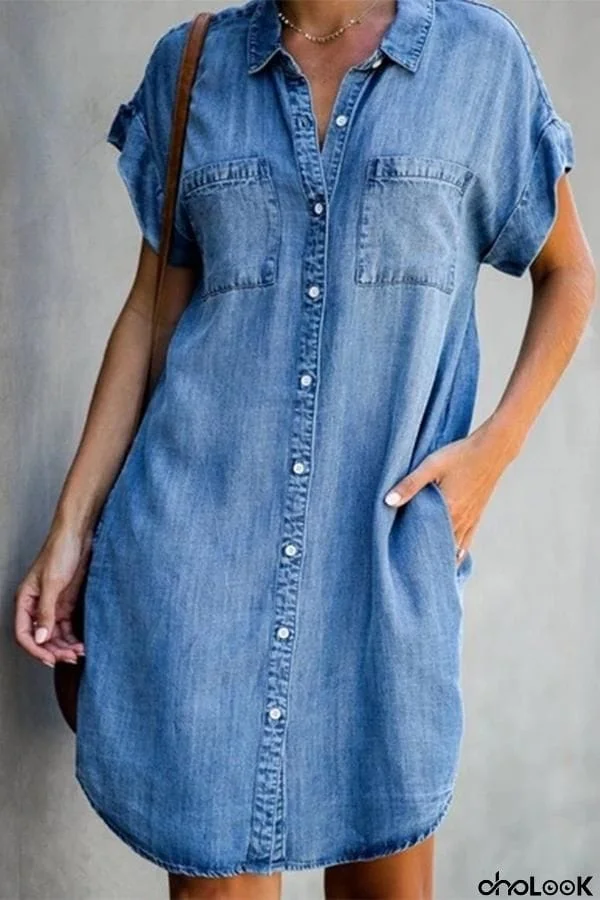 Buttoned Short Sleeve Denim Mini Dress