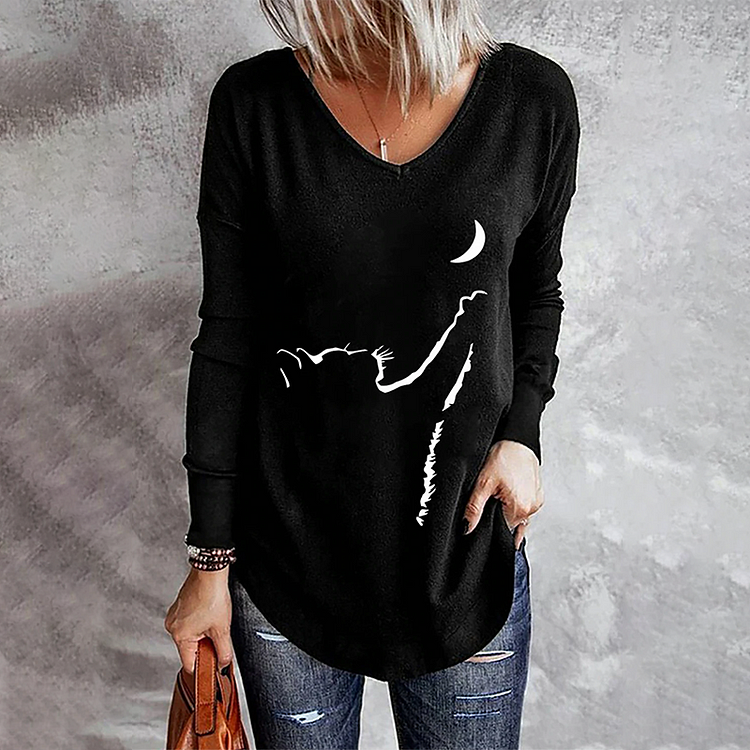 Vefave Casual Cat Moon Print Long Sleeve T-Shirt