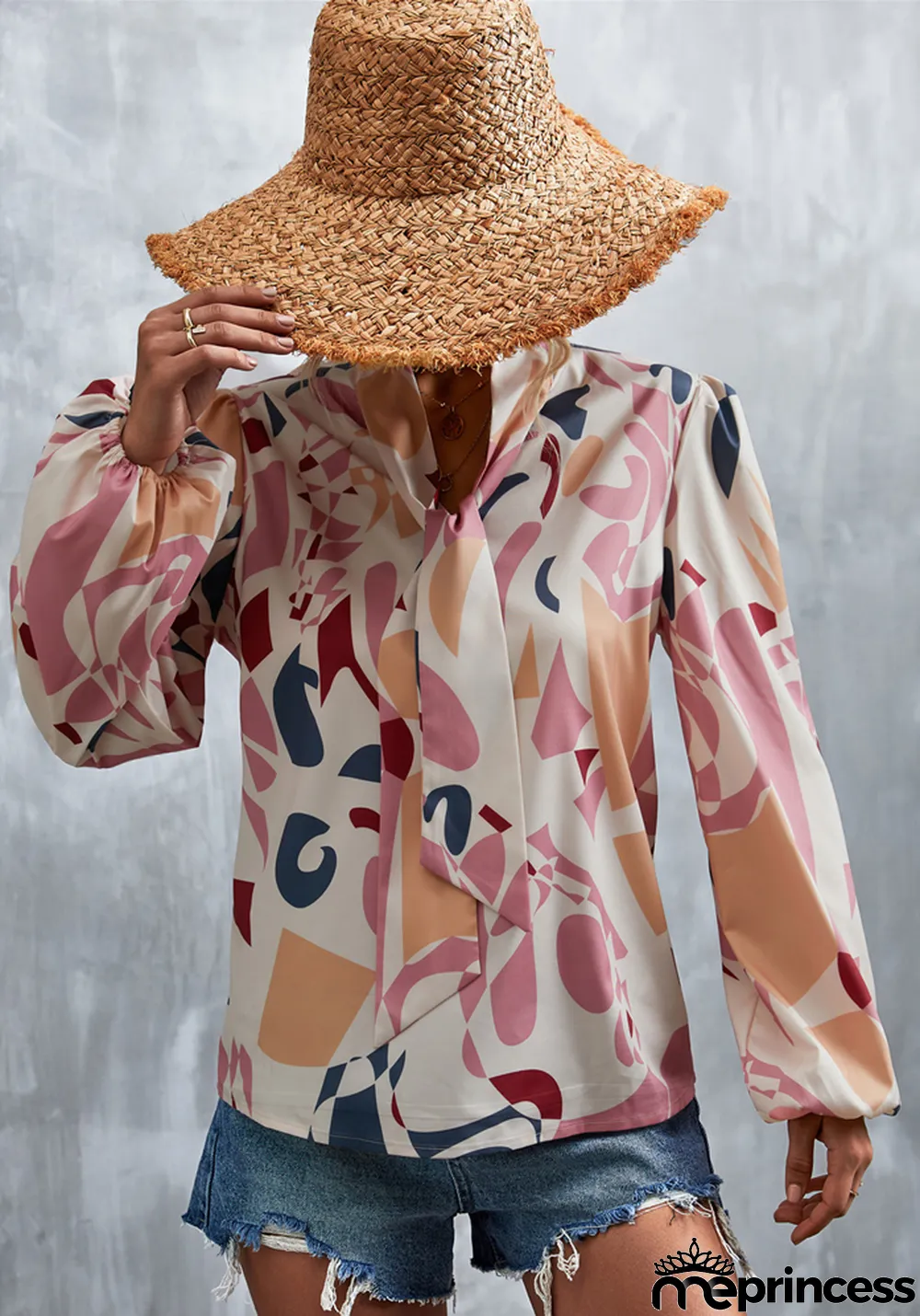 Women Spring Pink Modest V-neck Lantern Sleeve Geometric Print Chiffon Bow Regular Blouse