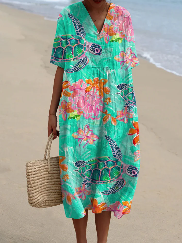 Womens Watercolor Turtle Pattern Print Casual Cotton And Linen Dress