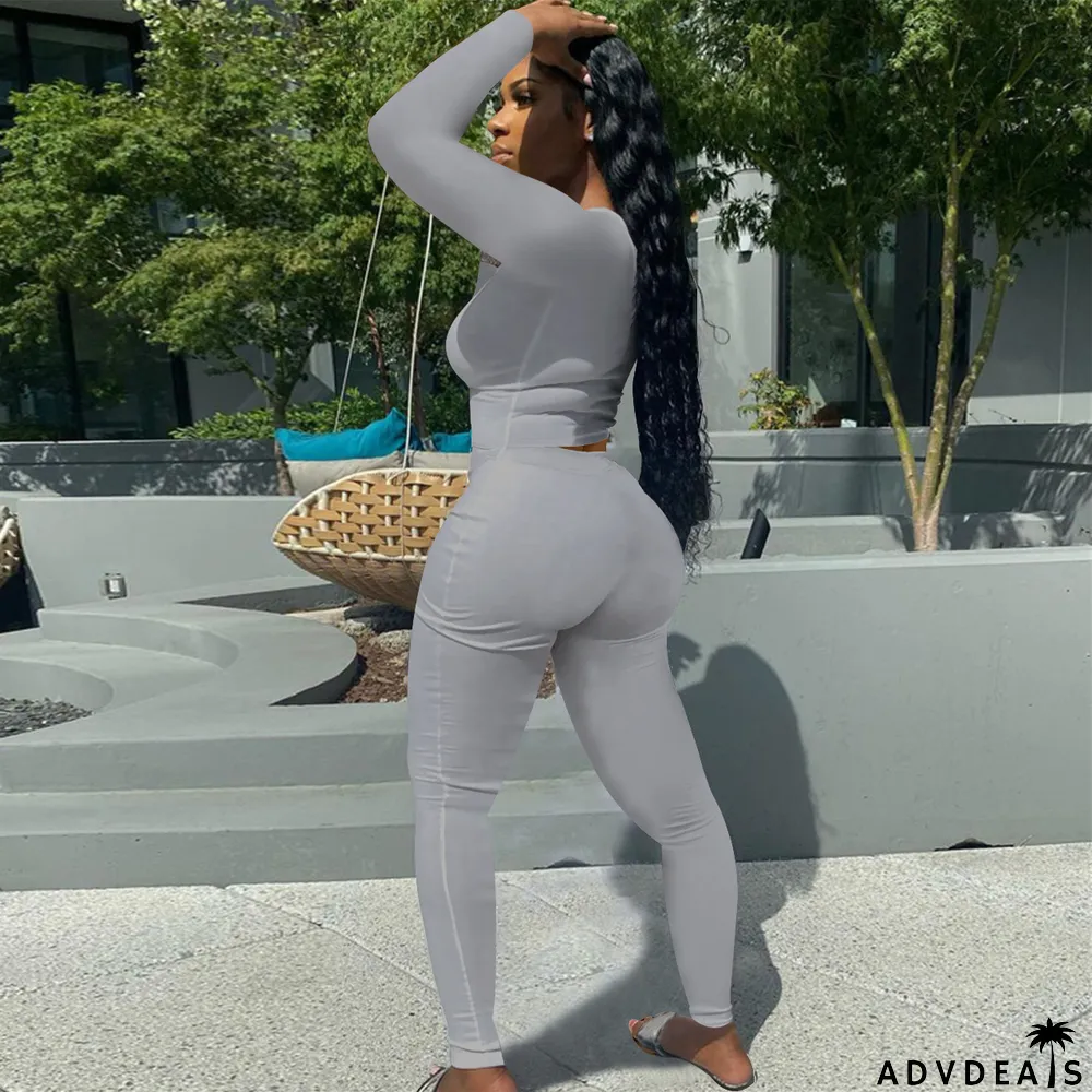 Solid Long Sleeve Stretchy Slim Two Piece Pants Set