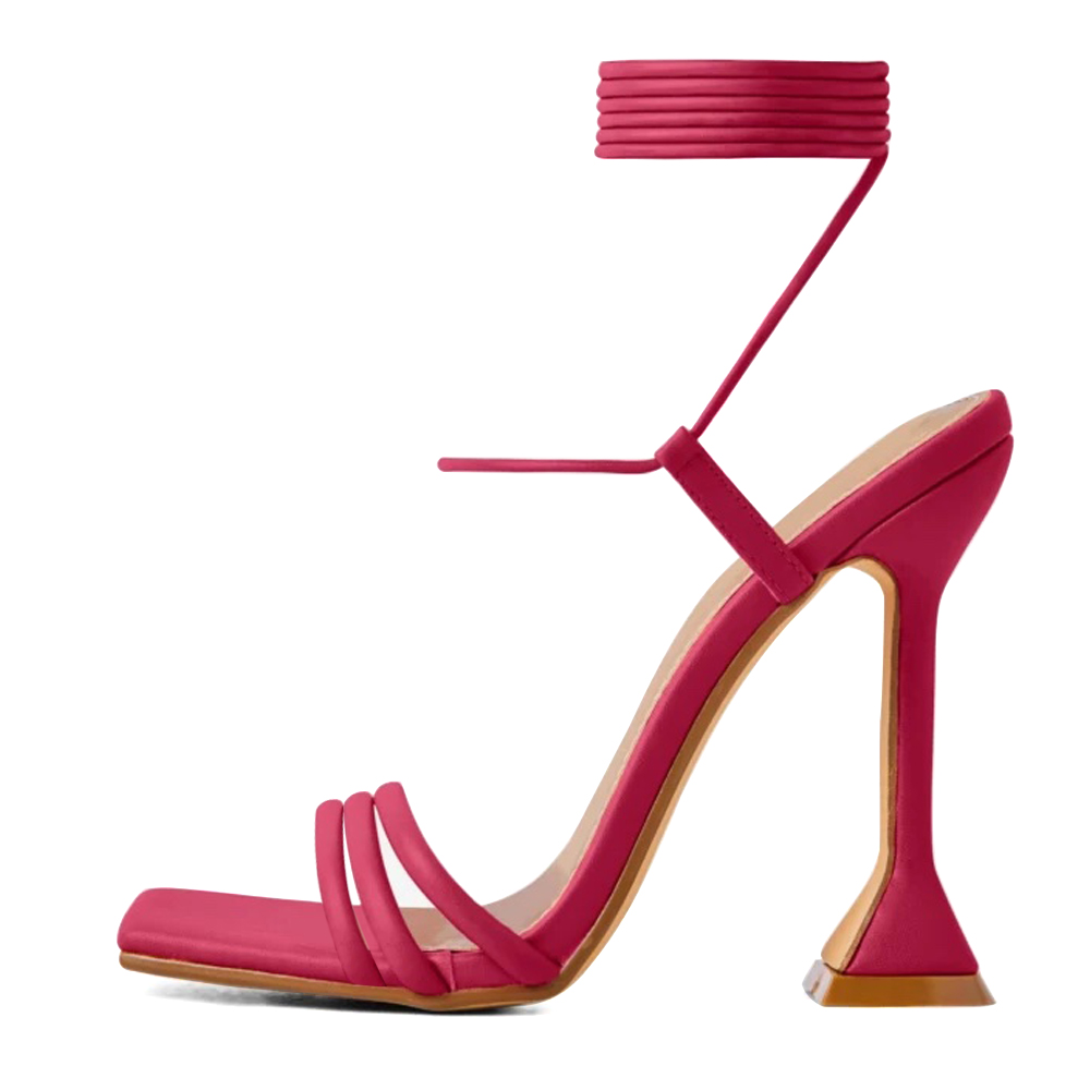 Pink Vegan Leather Square Toe Flared Heel Ankle Strap Sandals Nicepairs