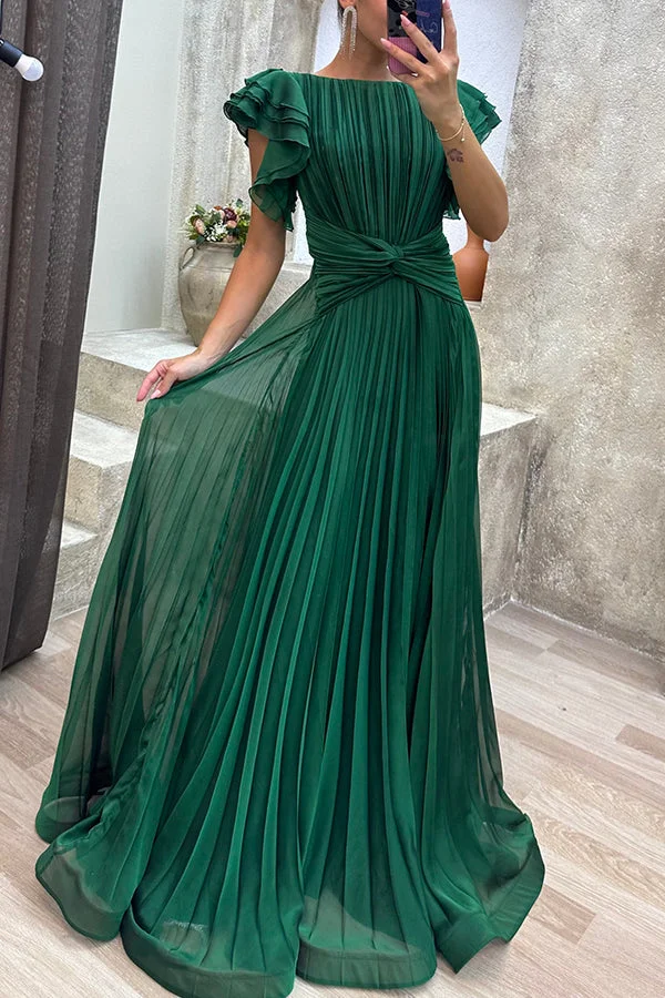 Blue Elegant Queen Pleated Ruffle Sleeve Cross Waist Maxi Dress