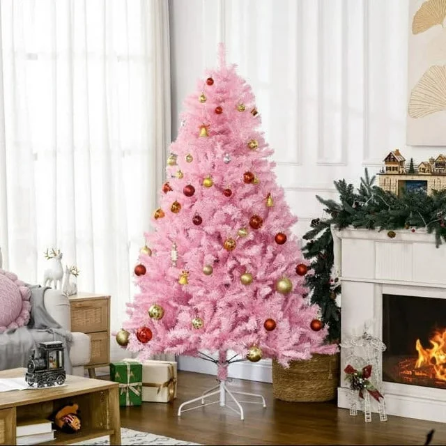 6 Feet Pink Christmas Tree with Auto Open - 1000 Tips Premium Hinged Artificial Fir Full Bodied Pink Christmas Tree Lightweight and Easy to Assemble with Christmas Tree Metal Stand