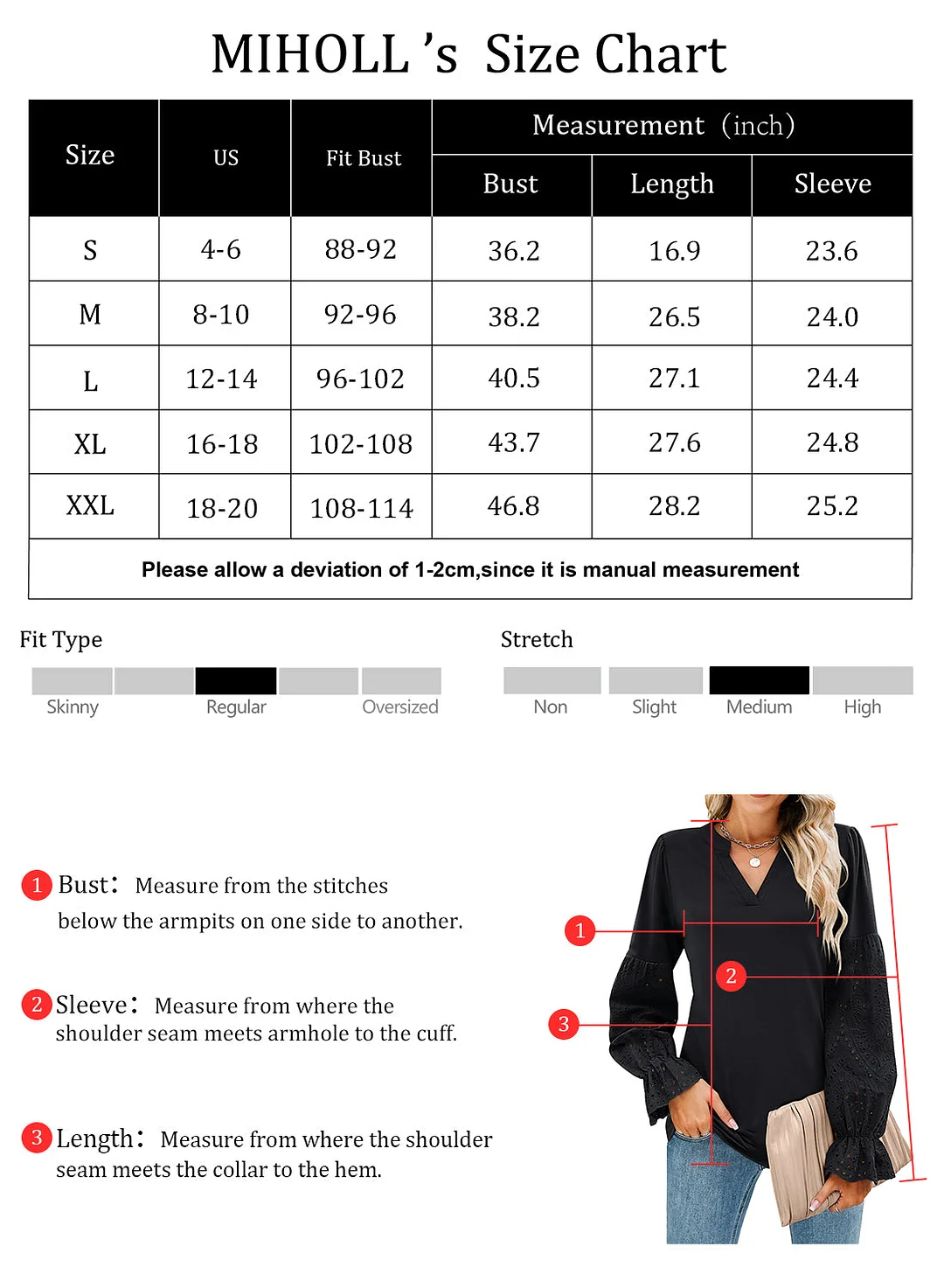 MIHOLL Women V Neck Long Sleeve Shirt Lace Crochet Loose Casual Top Blouse