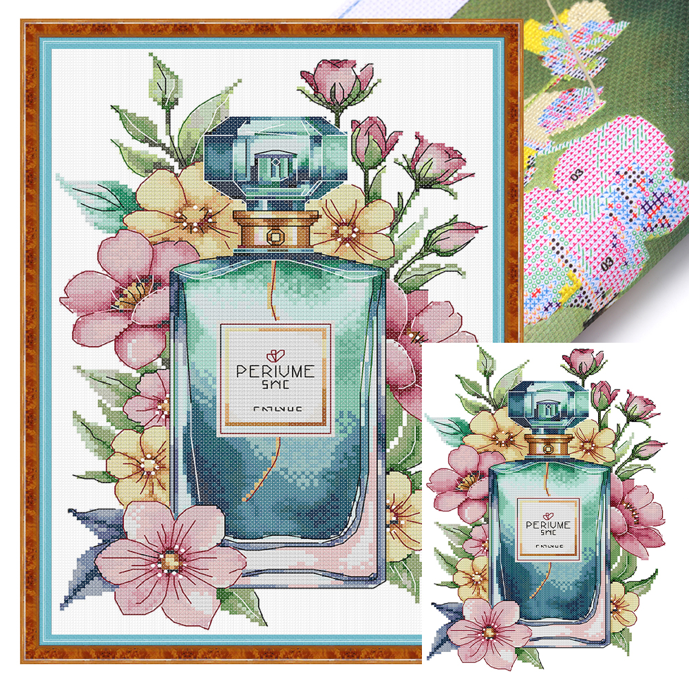 Flower Perfume Bottle Frame Partial 14CT Pre-stamped Canvas(26*35cm) Cross Stitch(backstitch)