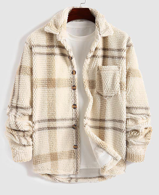 Turndown Collar Chest Pocket Single-breasted Plaid Jacket