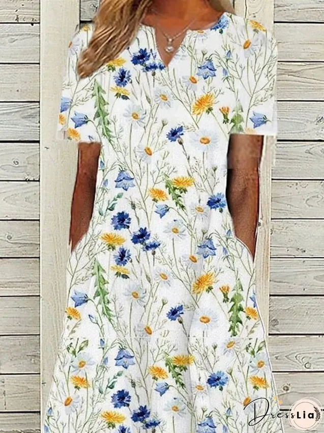 Women's Dress - Casual Dress Midi Dress White Short Sleeve Floral Pocket Spring Summer V Neck Vacation S M L XL XXL 3XL