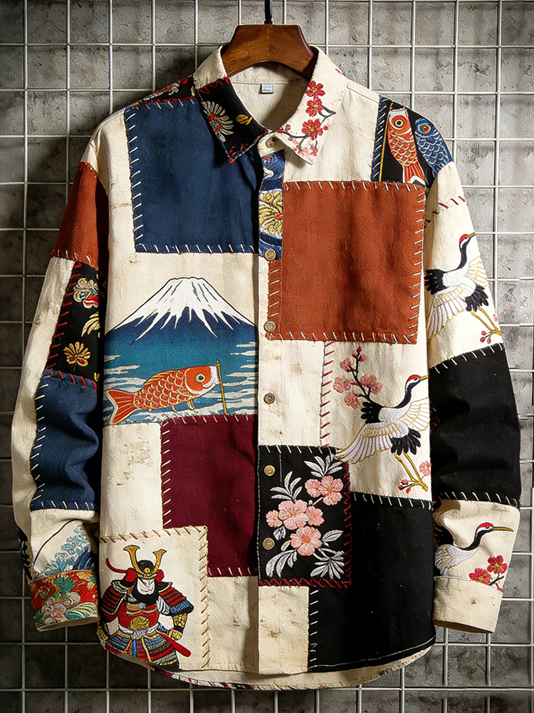 Comstylish Men's Japanese Art Red-crowned Crane Fuji Mountain Patchwork Print Long Sleeve Shirt