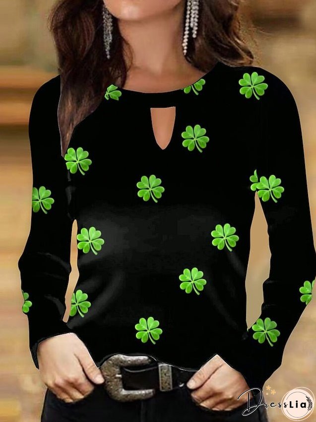 Round-neck shirts Black & white Light green leaves Patricks day prints Long sleeve