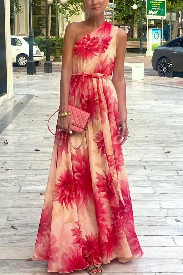 Floral Print One Shoulder Waist Tie Full Hem Resort Style Maxi Dress