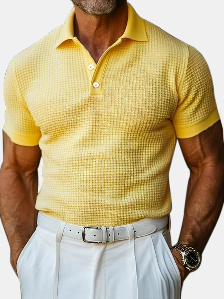 Men's Casual Solid Color Waffle Short Sleeve Polo Shirt