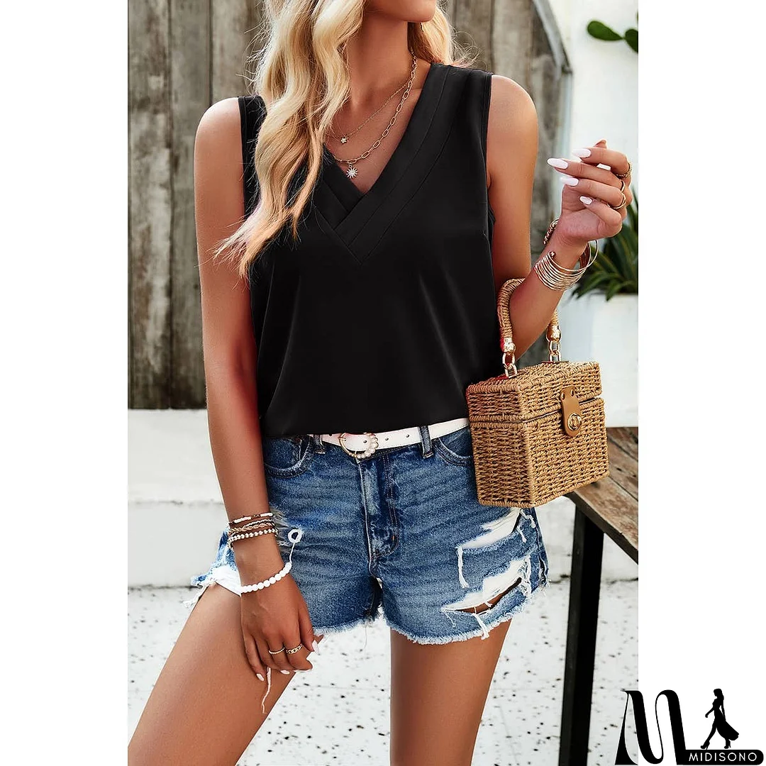 MidiSono - V Neck Sleeveless Tank Loose Solid Top