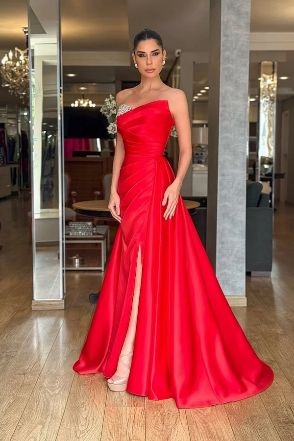 Beaded Red Strapless Pleated Long Prom Dress | ZT0527