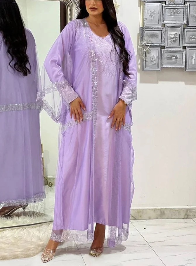 Women's Fashion Diamond Embellished Abaya Gown Set Dress