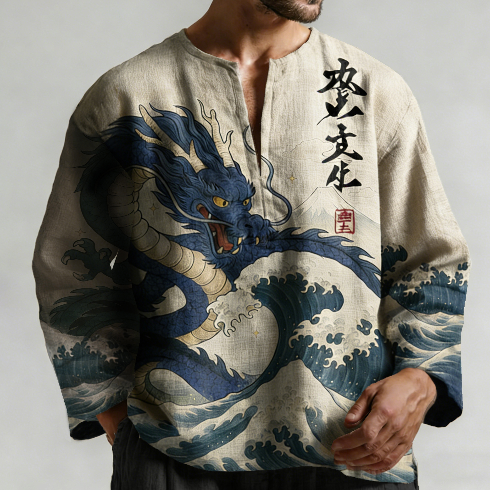 Retro Huge Waves With Dragon Art Pattern Long Sleeve Linen Shirt  artssus