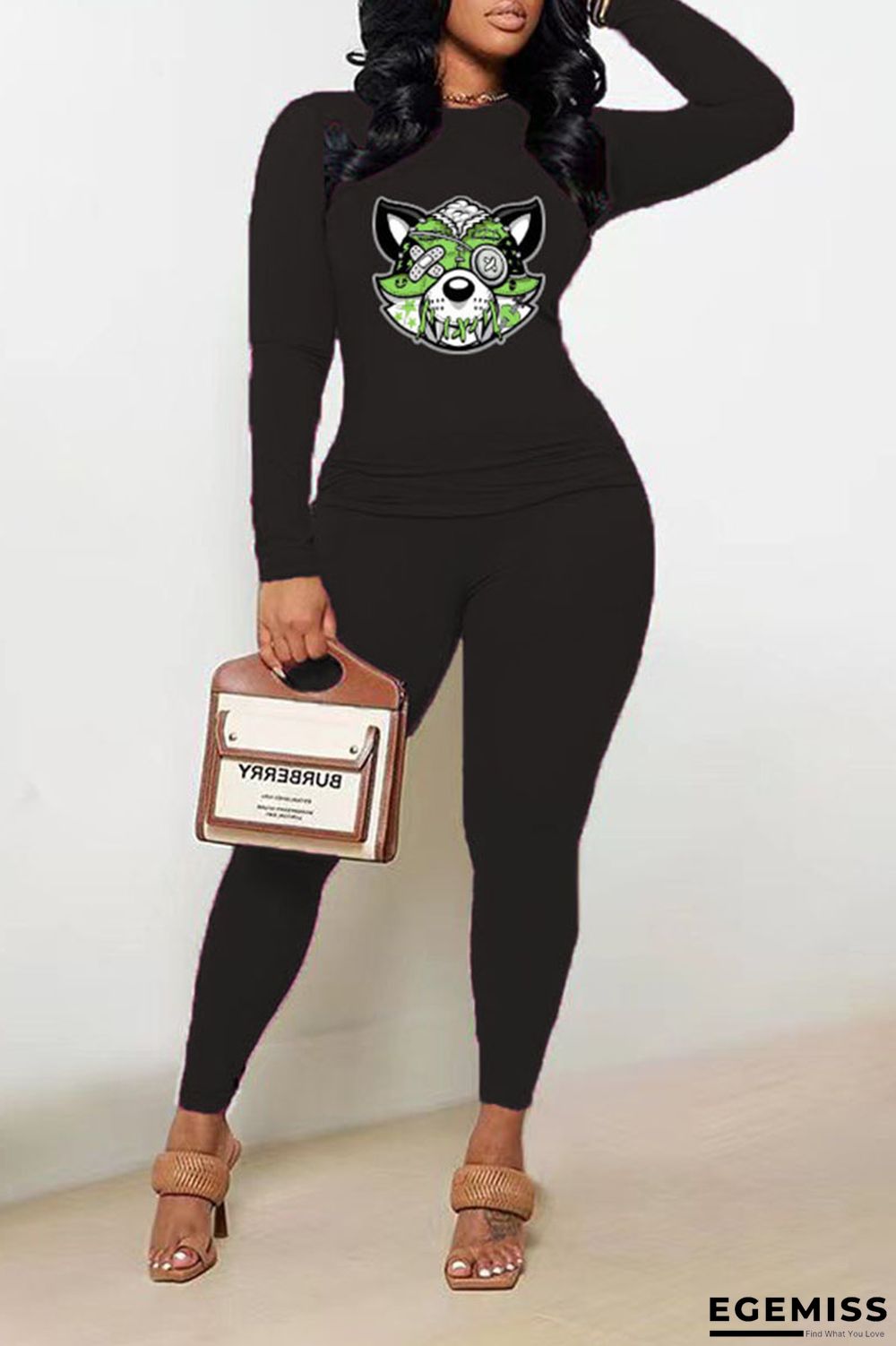 Black Casual Print Patchwork O Neck Long Sleeve Two Pieces | EGEMISS