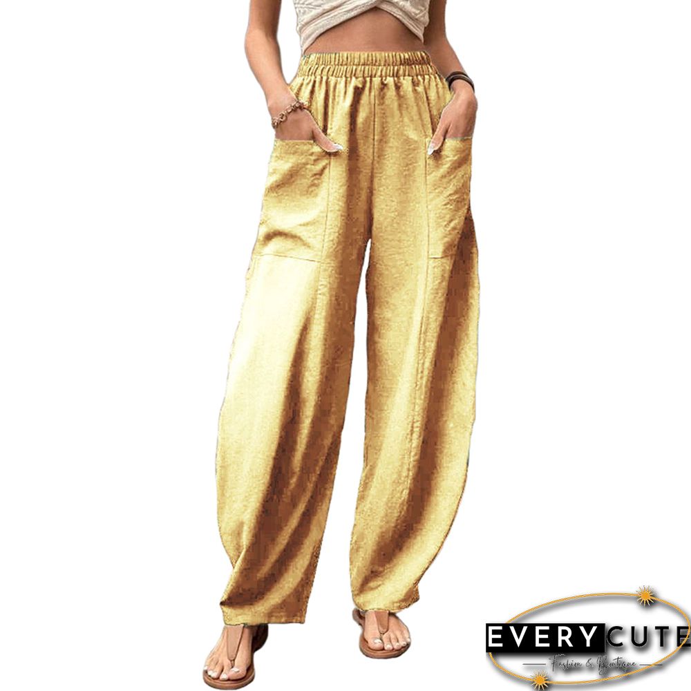 Light Yellow Solid Elastic Waist Pocket Casual Pants