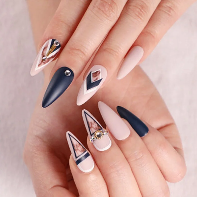 24pcs Khaki Dye Matte Frosted Fake Nails stiletto Dark Blue Color Pointed Head Long Style Wearable ABS Resin Finished Fingernail