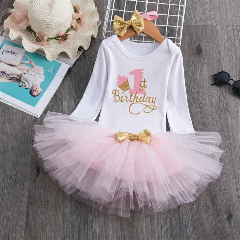 1 Year Girl Baby Birthday Dress Summer New Cotton Kids Baby Clothes First 1st Birthday Christening Dresses For Toddler Girls