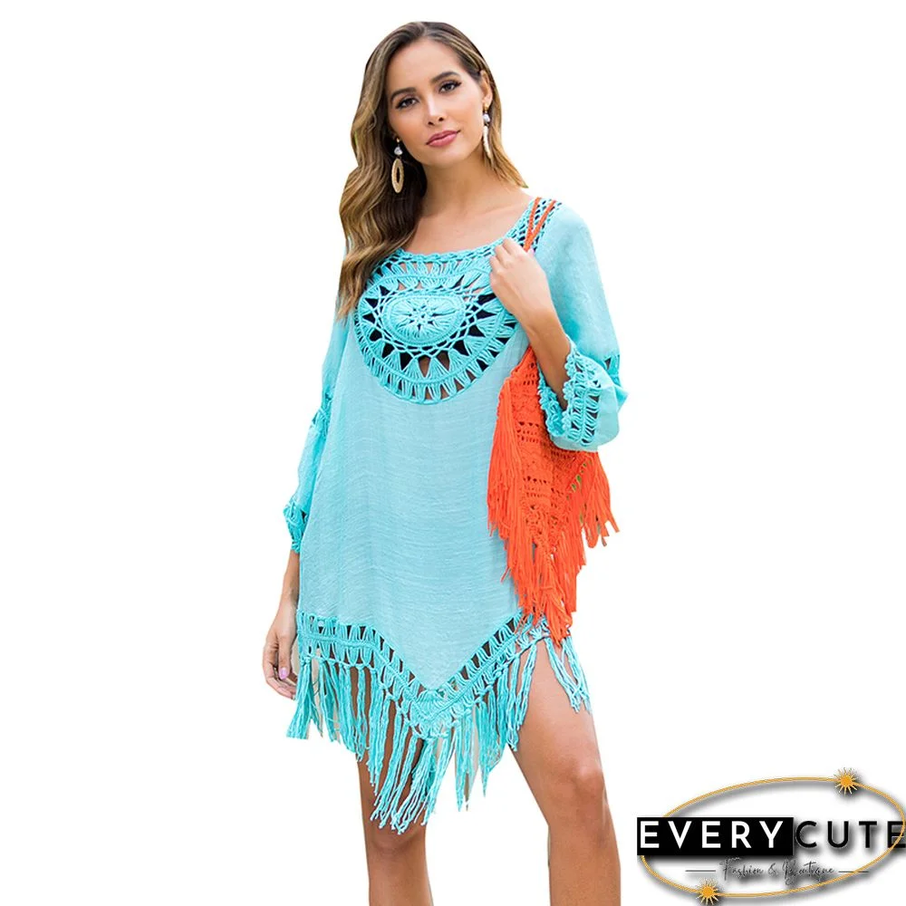 Light Blue Hollow Out Tassel Hem Beach Cover