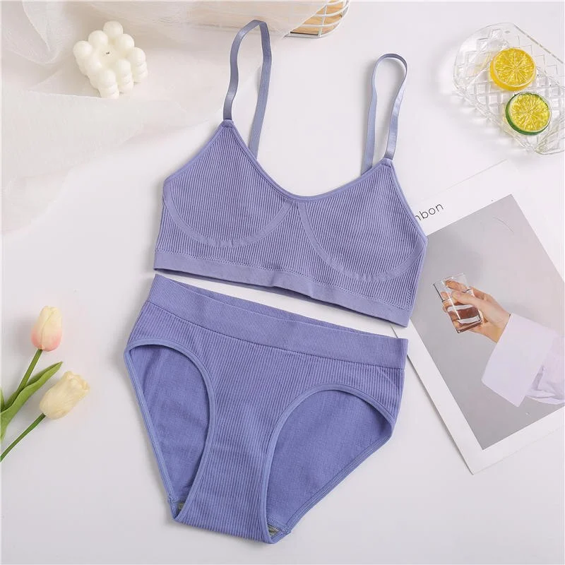 Billionm Sexy Bra Set Women Seamless Underwear Female Lingerie Ribbed Tops Thong High Waist Panties Brassiere Stretchy Tank Crop Top