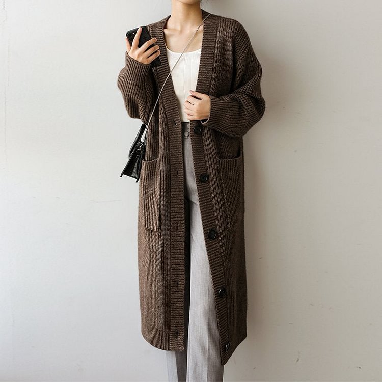 Long Sleeve Knitted Buttoned Plain Sweater QueenFunky