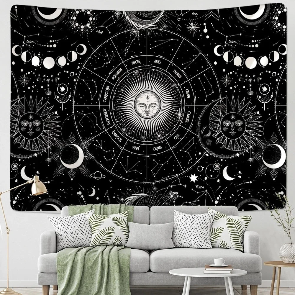 Sun Moon Mandala Starry Sky Tapestry White Black Wall Hanging Bohemian Gypsy Psychedelic Tapiz Witchcraft Astrology Tapestry