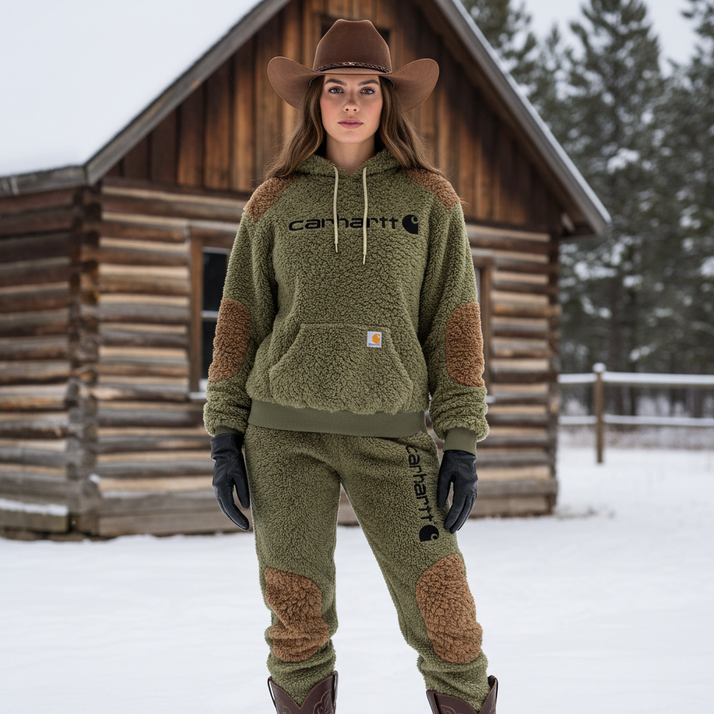 Women's Vintage Embroidered Fleece Olive Green Color Block Pocket Hoodie And Sweatpants Jogger Set