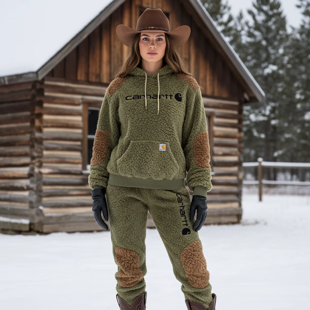 Women's Vintage Embroidered Fleece Olive Green Color Block Pocket Hoodie And Sweatpants Jogger Set