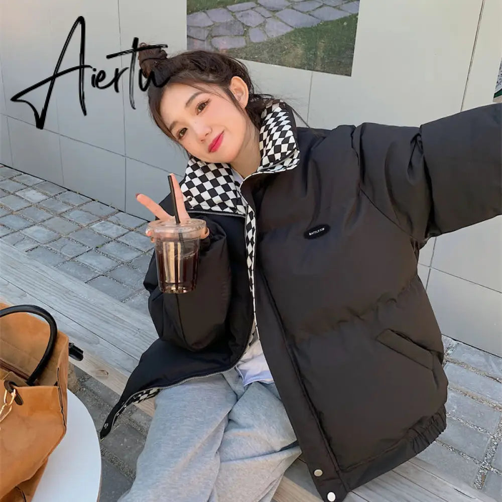 New Winter Down Cotton Jacket Women Zipper Loose Padded Coat Female Solid Thickening Warm Puffer Parkas Jackets Black White Aiertu
