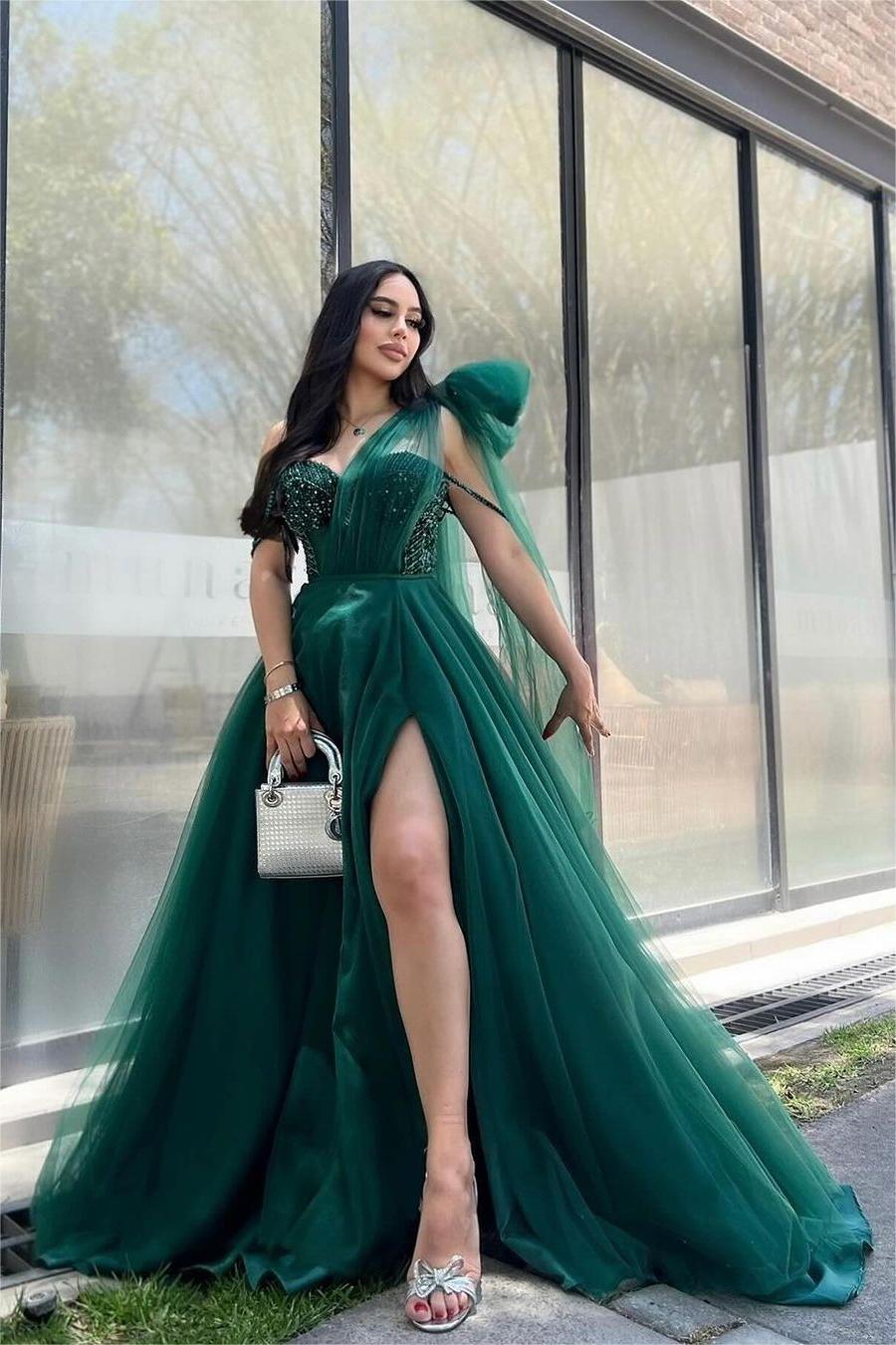 Lvs&Broner Stunning One Shoulder Sleeveless Long Split Tulle Prom Dress With Beading