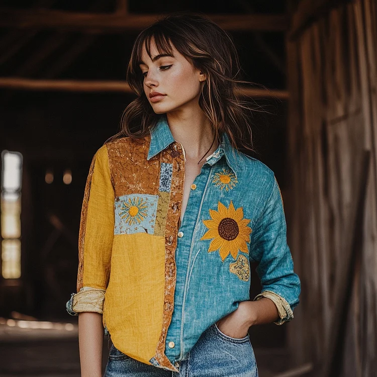 Ukrainian Sunflower Embroidered Contrast Long Sleeved Shirt