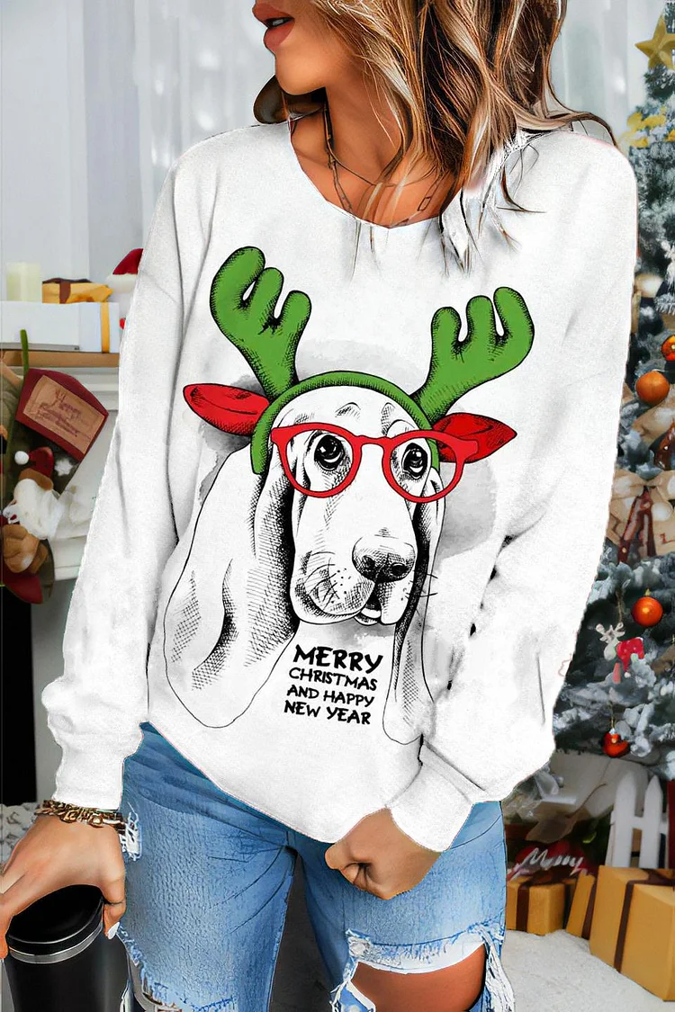Christmas Dog Printed Round Neck Sweatshirt