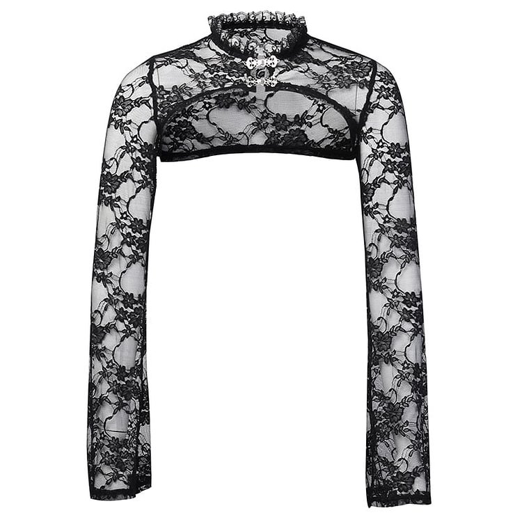 InsDoit Gothic Clothes Sexy Lace See Through Tops Women Vintage Flower Embroidery Long Sleeve Streetwear Party Elegant Crop Top