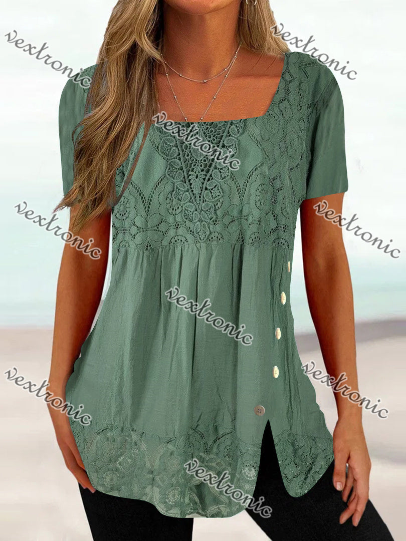 Women's Short Sleeve U-neck Printed Solid Lace Button Top
