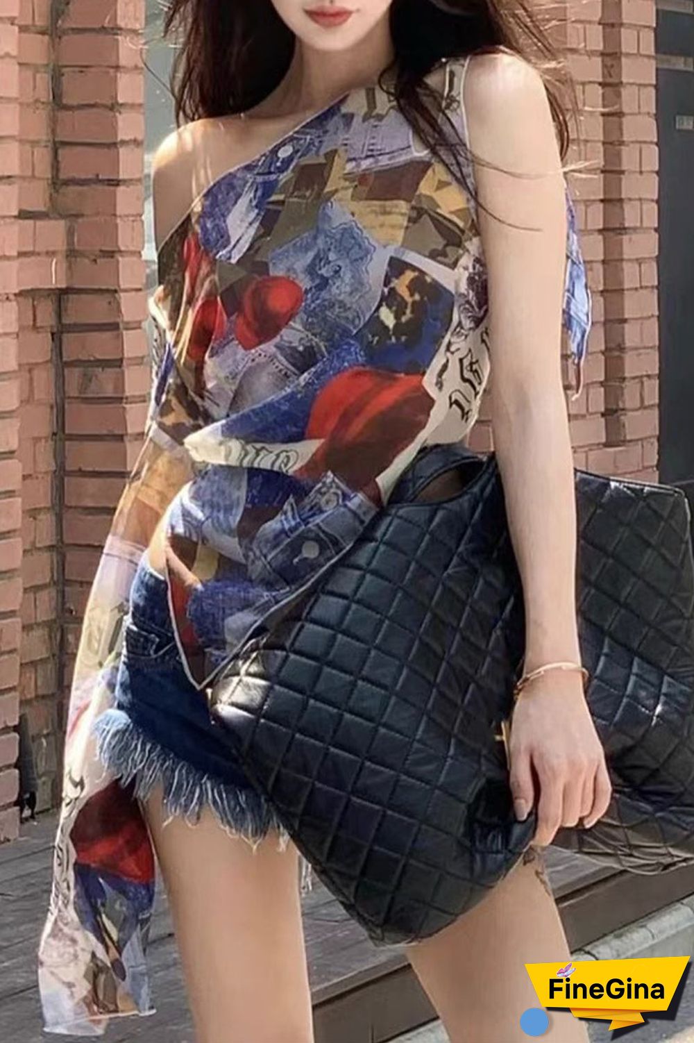 Sexy College Print Asymmetrical Oblique Collar Tops