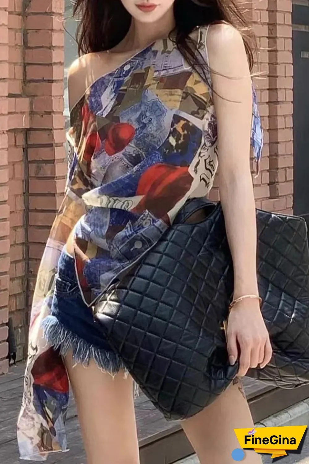 Sexy College Print Asymmetrical Oblique Collar Tops