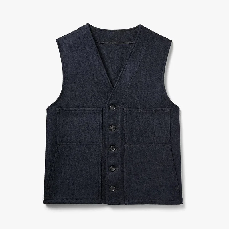 Men's Solid Navy Blue Vest Thick Woolen Wool With Big Pocket 5XL Oversize For Men Work Wear