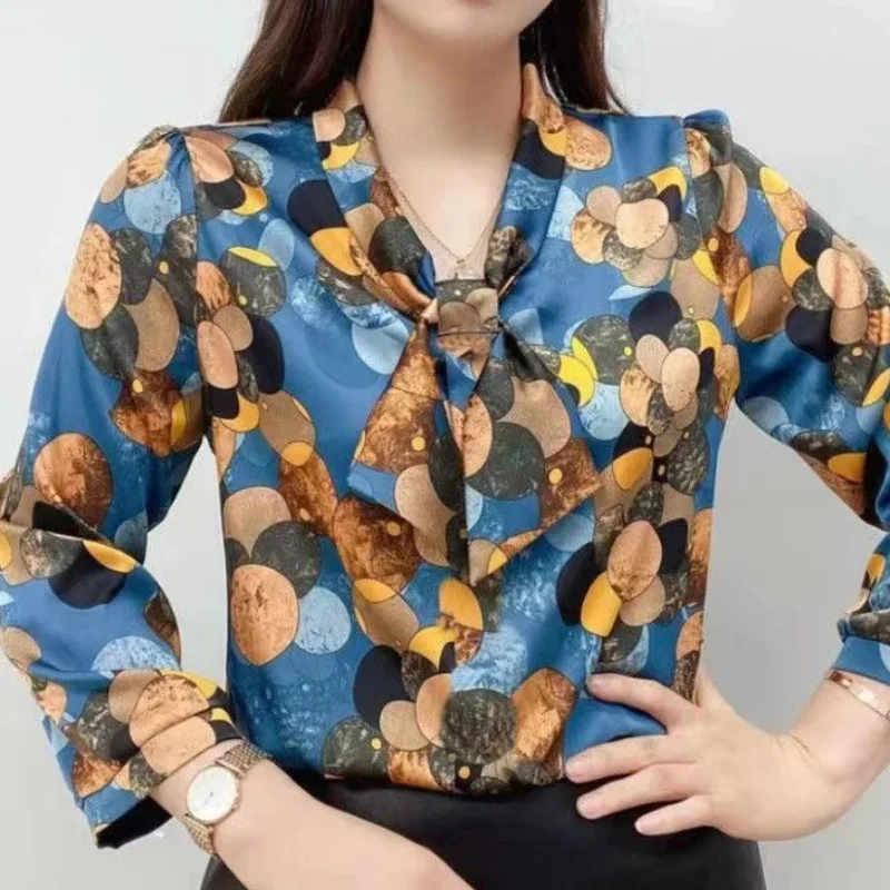 Jangj Tie V-neck Dots Blue Chiffon Shirt Long Sleeve Elegant Blouse for Female 2022 Spring Summer Korean Fashion Casual Clothing
